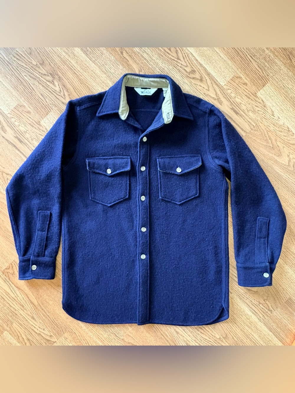 Vintage Woolrich Wool Blend Field Shirt Jacket Navy Blue Twill Collar Men M